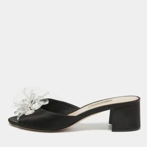 Miu Miu Black Satin Crystal Embellished Peep Toe Block Heel Slides Size 38