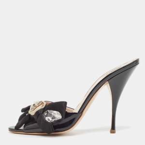 Miu Miu Black Patent Leather Crystal Embellished Bow Slide Sandals Size 39