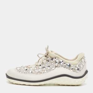 Miu Miu Silver Satin Astro Crystal Embellished Low Top Sneakers Size 39