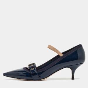 Miu Miu Navy Blue Patent Pointed Toe Buckle Pumps Size 38.5
