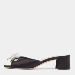 Miu Miu Black Satin Crystal  Embellished Peep Toe Sandals Size 41
