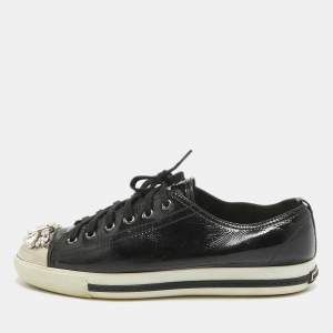 Miu Miu Black Patent Leather Crystal Embellished Cap Toe Sneakers Size 41