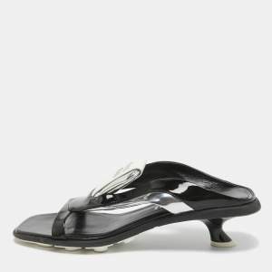 Miu Miu Black/White Patent and Leather Logo Slide Sandals Size 40.5