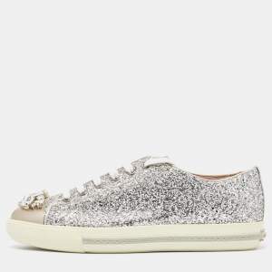 Pre Owned Miu Miu Silver Glitter and Leather Crystal Embellished Sneakers Size 39
