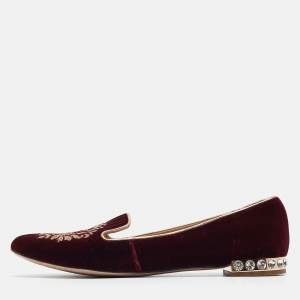 Miu Miu Burgundy Embroidered Velvet Crystal Embellished Smoking Slippers Size 37