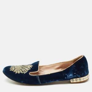 Miu Miu Blue Embroidered Velvet Crystal Embellished Smoking Slippers Size 37