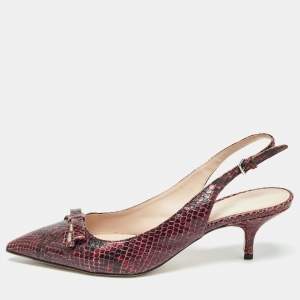 Miu Miu Burgundy Python  Embossed Leather Slingback Pumps Size 38