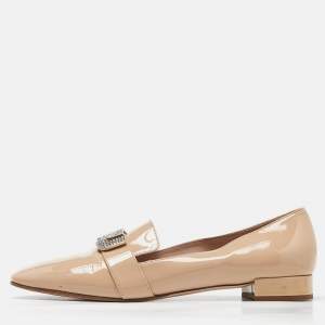 Miu Miu Beige Patent Leather Crystal Embellished Smoking Slippers Size 41
