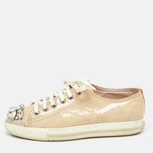 Miu Miu Beige Patent Leather Crystal Embellished Lace Up Sneakers Size 36