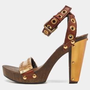 Miu Miu Brown/Gold Leather and Metal Platform Eyelet Ankle Strap Sandals Size 37