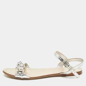 Miu Miu Silver Leather Ankle Strap Sandals Size 37