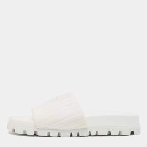 Miu Miu White Terry Fabric Logo Embroidered Slides Size 36
