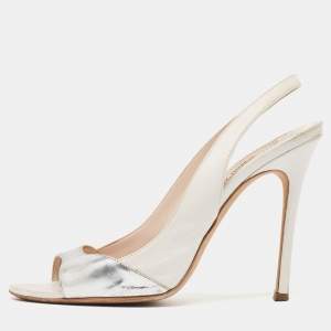Miu Miu White/Silver Leather Slingback Open Toe Pumps Size 38.5   