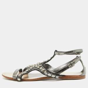 Miu Miu Metallic Leather and Glitter Ankle Strap Flat Sandals Size 39