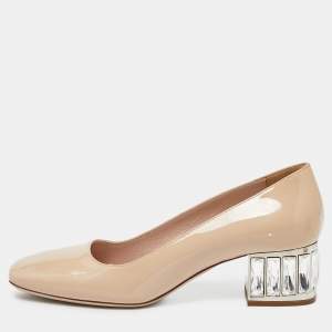 Miu Miu Beige Patent Leather Crystal Embellished Block Heel Pumps Size 37