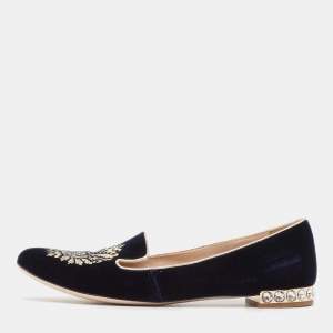 Miu Miu Navy Blue Velvet Embroidered Crystal Embellished Smoking Slippers Size 38