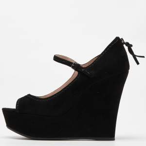 Miu Miu Black Suede Peep Toe Ankle Strap Wedges Size 38