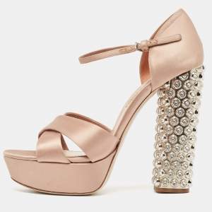 Miu Miu Pink Satin Crystal Embellished Platform Ankle Strap Sandals Size 38 