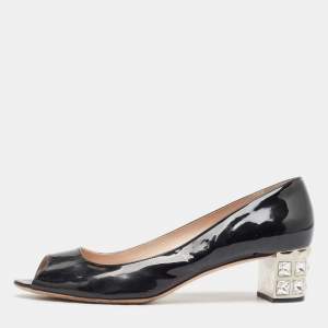 Miu Miu Black Patent Leather Crystal Embellished Heel Pumps Size 40.5
