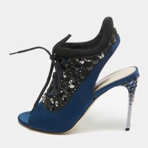 Miu Miu Navy Blue/Black Satin and Fabric Crystal Embellished Lace Up Slingback Sandals Size 39.5