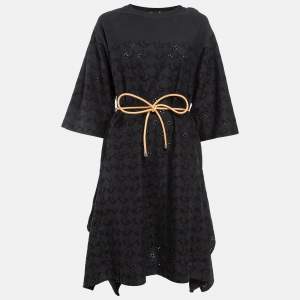 Moncler Black Broderie Anglaise Embroidered Cotton Asymmetric Midi Dress XS
