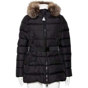 Moncler Black Synthetic Fur Lined Hood Detail Belted Down Jacket L