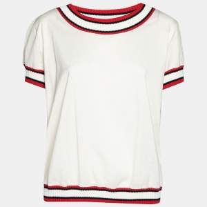 Moncler White Cotton Ribbed Trim Detail Crew Neck Top M