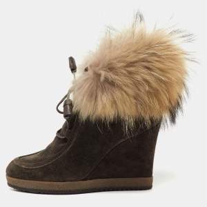 Pre Owned Moncler Brown Suede and Mink Fur Lace Up Wedge Ankle Boots Size 37