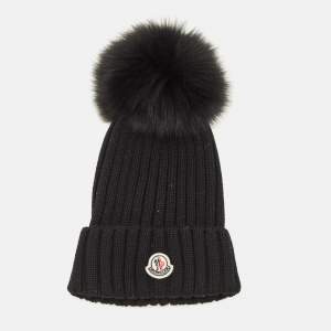 Pre Owned Moncler Black Wool Knit Pom Pom Beanie Hat One Size