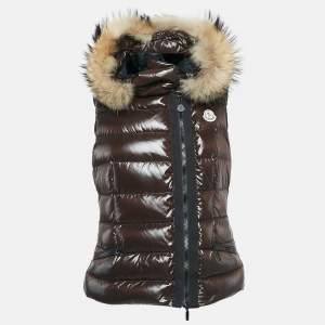 Moncler Brown Nylon Detachable Fur Collar Quilted Down Jacket M