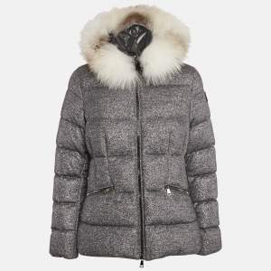 Moncler Silver Wool Blend Detachable Fur Cardamine Giubbotto Down Jacket M