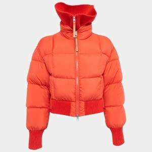 Moncler Red Rib Knit and Nylon Jadeite Down Jacket S