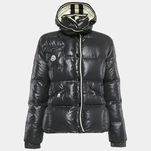 Moncler Black Nylon Button Front Detachable Collar Quilted Down Jacket L