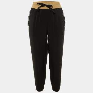 Moncler Black Crepe Logo Striped Crepe Track Trousers M