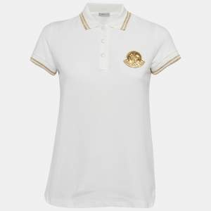 Moncler White Lurex Trim Cotton Pique Applique Detail Polo T-Shirt S