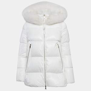 Moncler White Nylon Laichefur Hooded Down Jacket S
