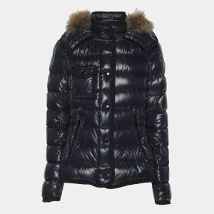 Moncler Navy Blue Quilted Armoise Fur Lined Hooded Down Jacket S