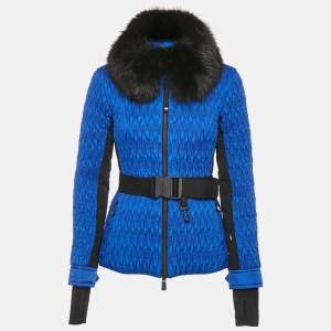 Moncler Blue Faux-Fur Collar Nylon Belted Plantrey Ski Jacket s