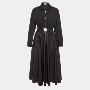 Moncler Black Taffetta Belted Shirt Dress L
