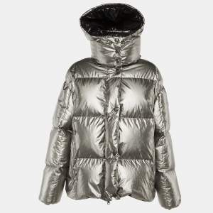 Pre Owned Moncler Silver Synthetic Puffer Down Parana Detachable Hooded Jacket M/L