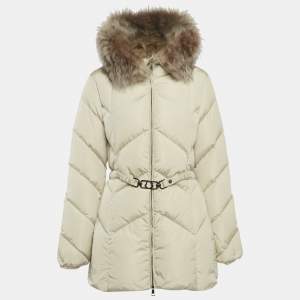 Pre Owned Moncler Beige Fur Trim Nylon Quilted Down Jacket M