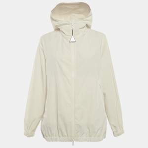 Pre Owned جاكيت مونكلير يوريديس بسحاب تركيب صناعي بشعار بارز أبيض مائل للرمادي مقاس صغير جداً (إكسترا سمول)