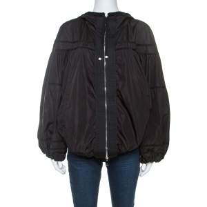 Moncler Black Grosgrain Trim Balloon Sleeve Hooded Jacket L
