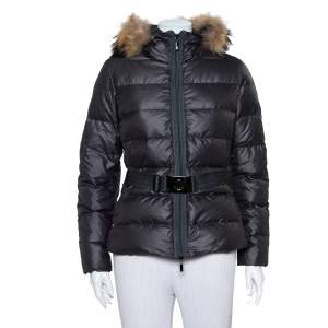 Moncler Grey Synthetic Fur Lined Belted Hooded Puffer Jacket M