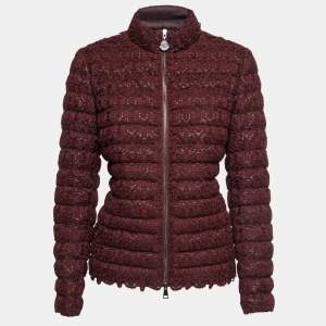 Moncler Burgundy Guipure Lace Overlay Down Jacket M
