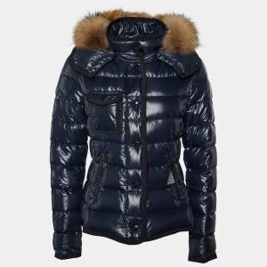 Moncler Navy Blue Quilted Armoise Fur Lined Hooded Down Jacket S