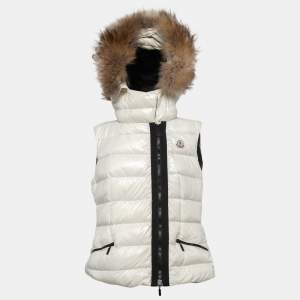 Moncler Off White Nylon Hooded Fur Detail Sleeveless Down Jacket Vest XL