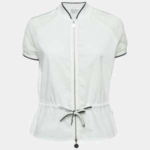 Moncler White Cotton Zip Front Short Sleeve Top S