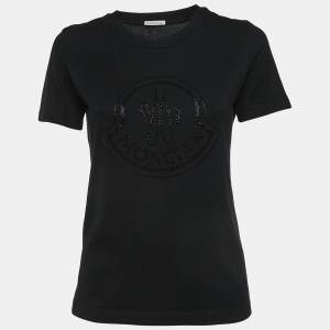 Moncler Black Logo Embellished Cotton Half Sleeve T-Shirt S