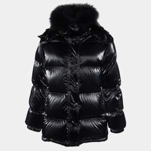 Moncler Black Coated Nylon Fur Trim Hanau Short Down Jacket XS